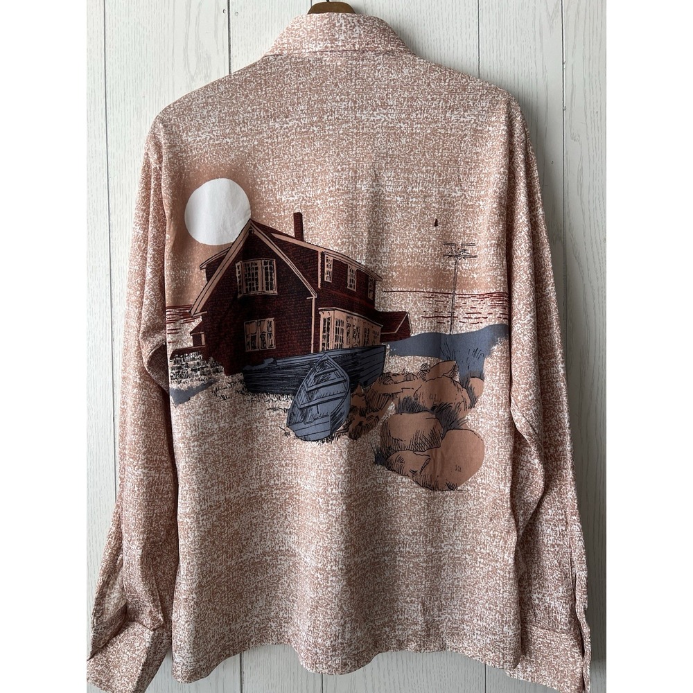 1970's Leonardo Strassi Nylon Disco shirt Birds Ocean Cottage Landscape Large